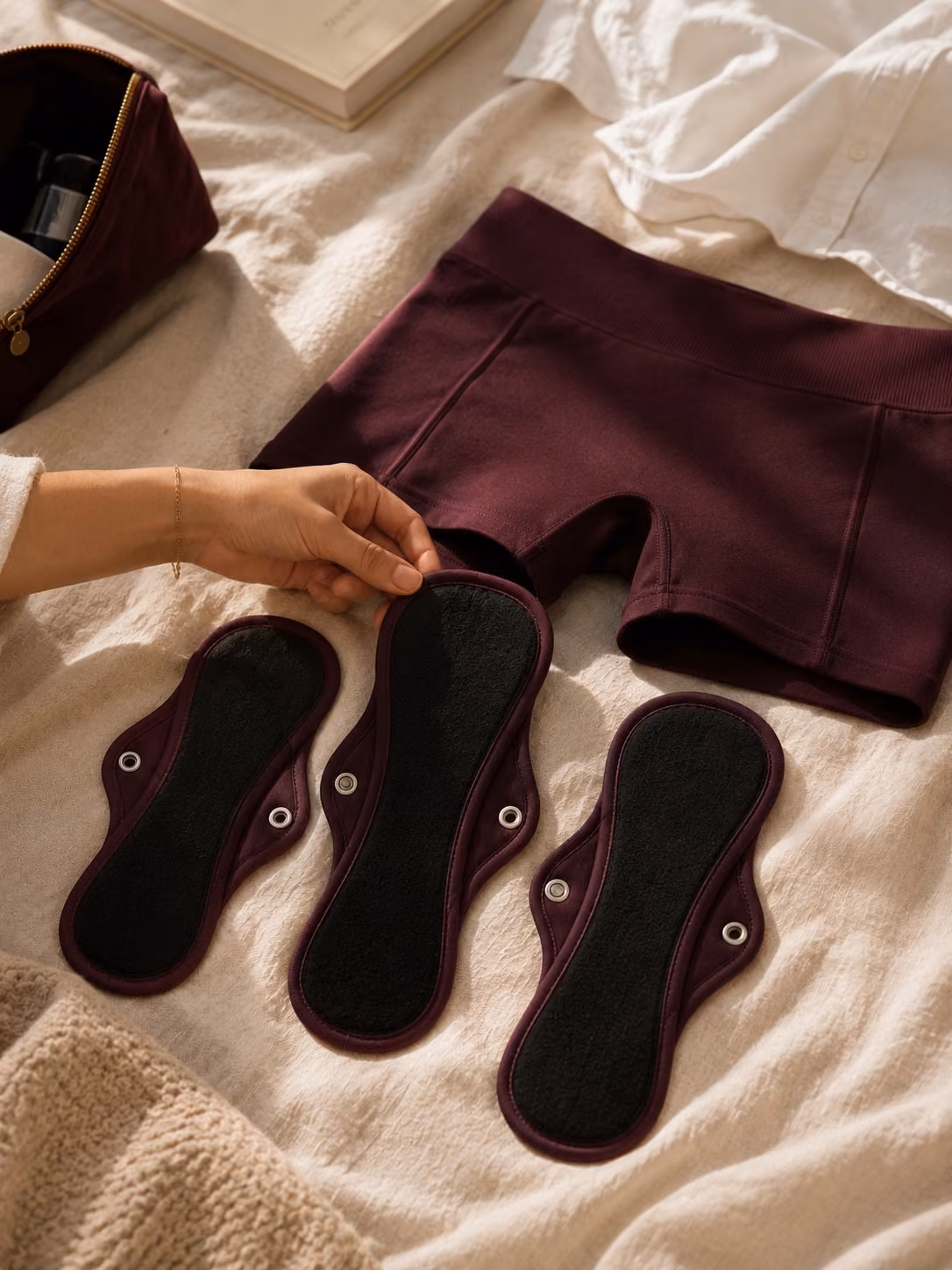 Le short Simone et ses trois protections amovibles disposés sur un lit.