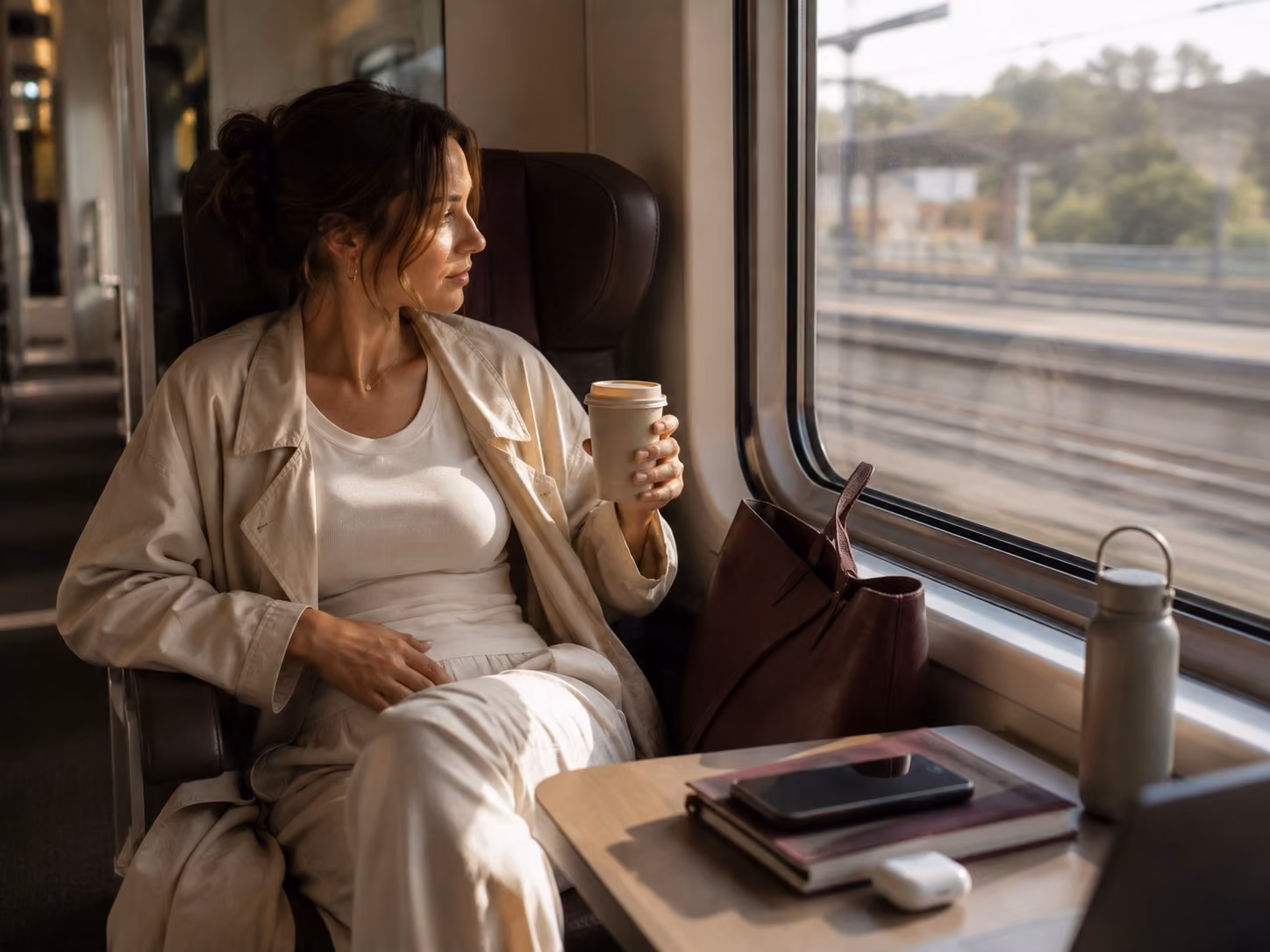 Une femme voyage en train, assise près de la fenêtre avec une boisson chaude.