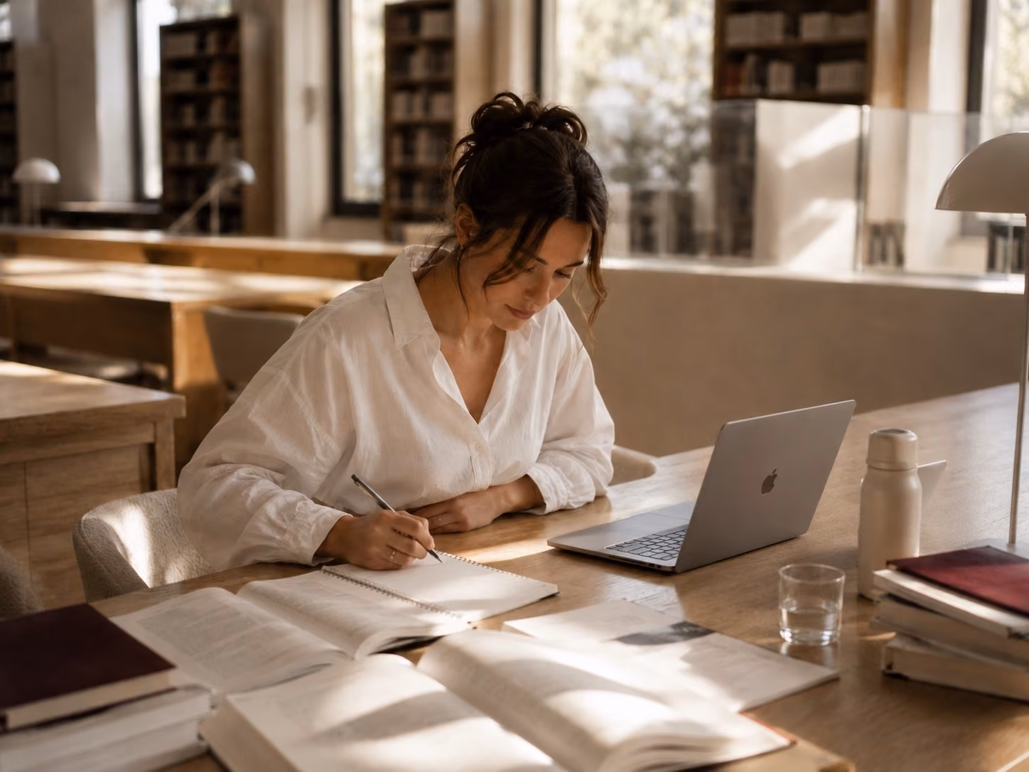 Une femme étudie à une grande table de bibliothèque avec son ordinateur et ses livres.